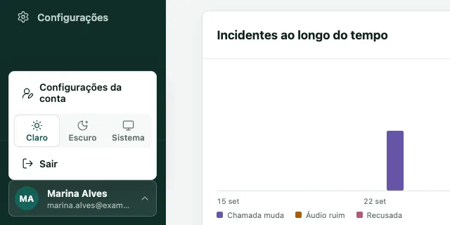 Menu da conta aberto, com Configurações da conta, as opções de tema Claro, Escuro e Sistema e o botão Sair