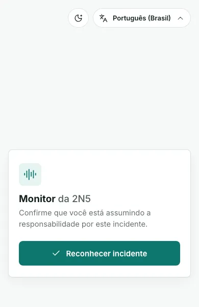 Página de reconhecimento no celular, com o texto Confirme que você está assumindo a responsabilidade por este incidente e o botão Reconhecer incidente