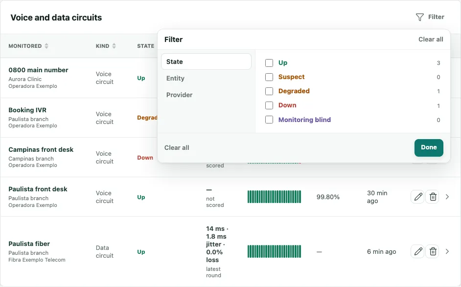 The Filter window open over the circuits table, with State chosen and the options Up, Suspect, Degraded, Down and Monitoring blind