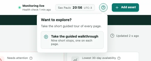 The help menu open at the top of the screen, with Want to explore? and the Take the guided walkthrough button