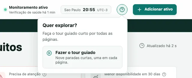 Menu de ajuda aberto no topo da tela, com Quer explorar? e o botão Fazer o tour guiado