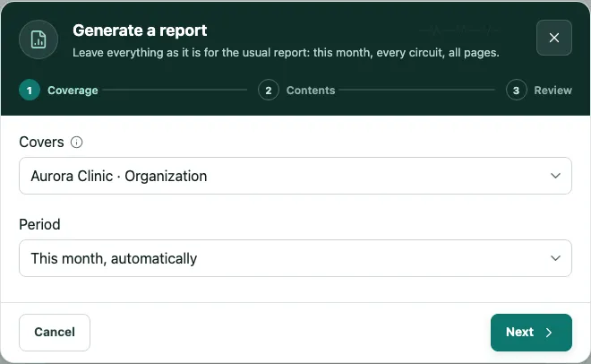 The Generate a report window at the Coverage step, with the Covers and Period fields and the Next button