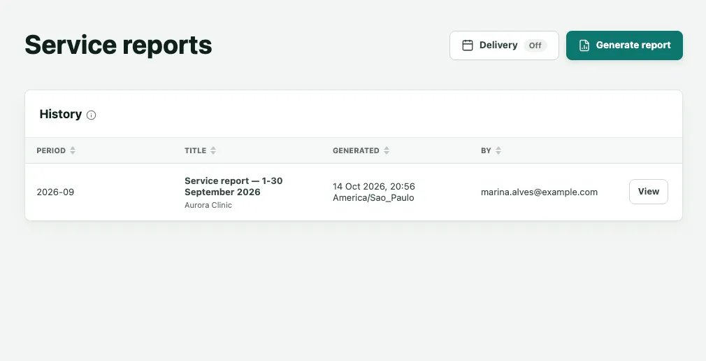 The Service reports page, with the Generate report button, the Delivery button and the history holding the September 2026 report
